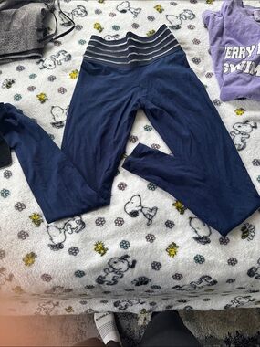 Kids Navy Blue Leggings with Striped Waistband